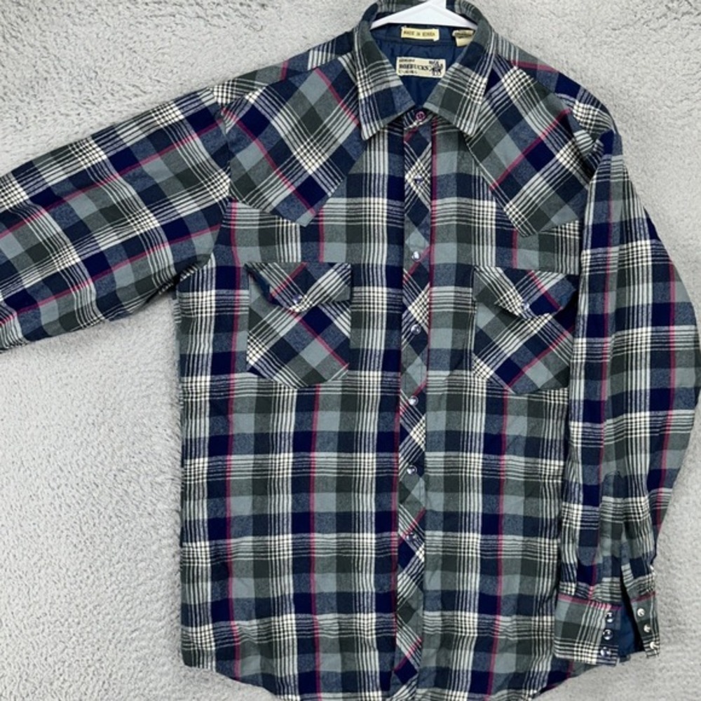 VINTAGE Roebucks Men Western Button Up Shirt Large 16-16.5 Blue Plaid Pearl Snap